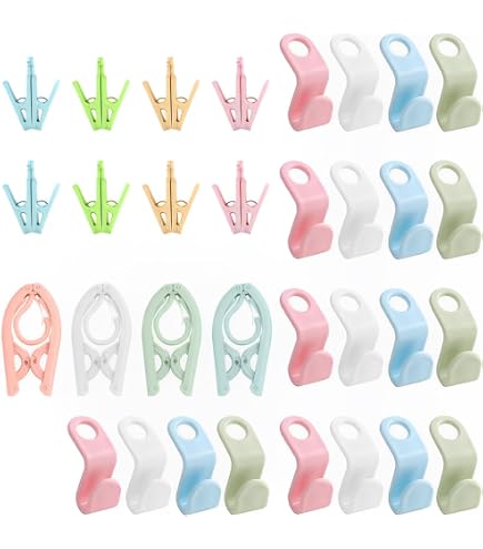 Lot De 4 Cintres à Clips Pliables + 8 Crochets - Plastique Résistant - Pour Voyage, Maison Ou Bureau - Multicolore