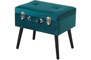 BARONI HOME Baroni Pouf Valigia Contenitore in Velluto, Puff Sgabello Portaoggetti, Pouff Poggiapiedi Salotto, Camera con Zampe in Legno, Colore Blu Petrolio, 50x35x46 cm