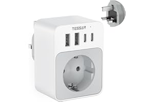 ‎TESSAN TESSAN UK Travel Adapter, 5 w 1 Travel Adapter typu G z 2 USB C i 2 USB A, 3250 W Adapter Anglia Niemcy Wtyczka, 20 W Szybkie ładowanie telefonu, Adapter dla Wielkiej Brytanii Irlandia Szkocja