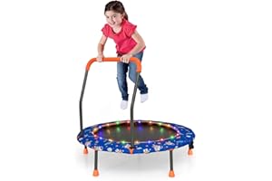 COSTWAY 36 Inch Kids Trampoline, LED Lighting Children Exercise Rebounder with Padded Handrail and Protective Cover, Mini Trampolines for Toddle Boys Girls