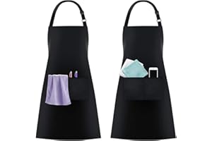 KTHZI 2 Pack Adjustable Aprons, Polyester Waterproof Aprons with Pockets, Home Kitchen Chef Apron for Cooking, Baking, BBQ, Restaurant, Coffee house, Unisex 2PCS(Black)