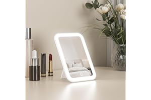 Kintion 10.7 * 15.5cm Travel Makeup Mirror, LED Portable Rechargeable Light Up Mirror, Dimmable 3 Color Modes, Touch Screen, Desk Tabletop Mirrors for Handbag, Gifts for Girls, White