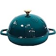 Flavehc Bread Oven Cast Iron Bread Dutch Oven with Cloche Lid for Bread Baking Darkcyan Enameled Cast Iron Bread Oven with Dome Lid for Sourdough, 9.8 Inches