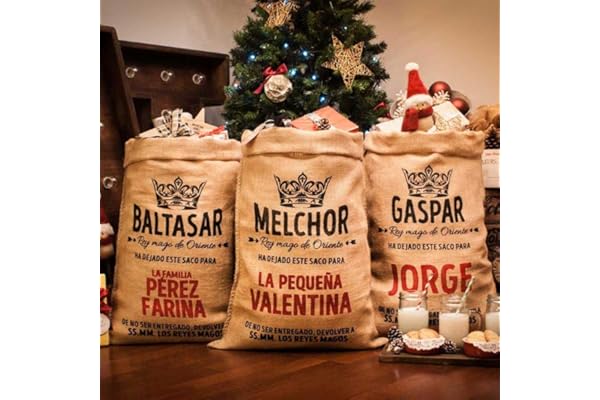 KUKO - Saco Navideño Personalizable de los Reyes Magos de Oriente | Saco de Yute Natural Personalizado | Decoración Navideña para el Hogar | Adornos de Navidad Originales (Pack 3 Sacos 3 Reyes Magos)