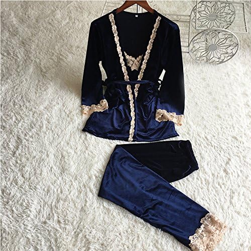 CUI Autumn and Winter Ladies Korean Velvet Three-Piece Pajamas Warm Long-Sleeved Harness Trousers Gold Velvet Home Service Suits,Blue,M