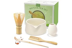 JBER Matcha Besen Set, Matcha Set 6-Teiliges - Bambus Matcha Whisk, Matcha Schale mit Auslauf, Matcha Besen Halter, Löffel und Halter, Japanisches Matcha Zubehör für Matcha-Liebhaber, Matt Weiß
