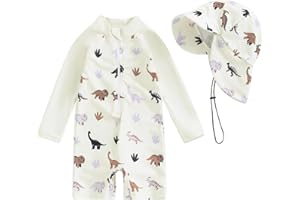 Dazzerake Maillot Unie Pièce avec Chapeau Bébé Garçon Maillots de Bain Eté Imprimé Manches Longues Combinaison de Maillot pour Bébé Garçon 0 Mois-3 Ans