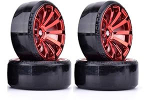 KEEDA 4 Pièces 63mm Pneus Durs et Roues en Plastique pour traxxas HSP Tamiya HPI KYOSHO 1/10 RC Voiture de Dérive (Rouge)
