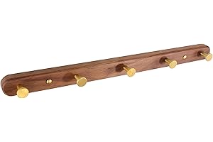 SARIHOSY 5-Hook Wall-Mounted Coat Hooks with Gold Zinc Alloy Coat Hook Walnut Wooden Base for Bathroom Kithchen Coat Hanger Round Hook-5 Hooks Wall Coat Hanger, Easter Gift Hat Hook Stick on Wooden