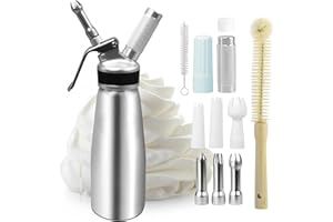 OGMBI Whipped Cream Dispenser, 500 ml Aluminum Whipped Cream Maker with 6 Decorating Nozzles & 2 Cleaning Brushes, Professional Heavy Duty Cream Charger Dispenser for Cake Cheese Dessert