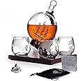 GGEROU Whiskey Decanter Globe Set with 4 Etched Whiskey Glasses,Reusable Whiskey Stone Ice Cubes, Cherry Wood Stand, Pour Funnel- for Scotch Bourbon Vodka,Gifts For Men - 850ml