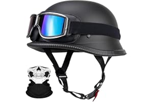 RQTEUYE Deutsche Motorrad Jethelm ECE-Zertifizierung, Vintage Halbhelme Halbschalenhelm mit Schutzbrille Chopper Helm für Cruiser Street Scooter mit Schnellverschlussschnallen 22.4-25.2in