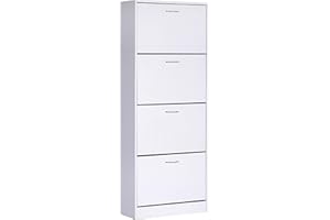 Giulia Grillo Scarpiera salvaspazio slim in legno Bianco, Scarpiera slim 4 ante salvaspazio da ingresso in legno, 60X24X150