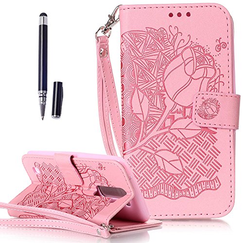 LG K7 K8(2016) Neu Design Hlle mit Schwarz kapazitive Feder,ISENPENK Original Flip Bookstyle Cover Wasserdicht Shockproof Anti Slip Protection Stofest Leather Case mit Standfunktion,3D Rose Muster Pattern Wallet Case mit Intern Karte Schlitz,Anti-Sturz Stodmpfend Magnetic Closure Handygrtel Wallet Tasche Schutzhlle Leathertasche fr LG K7 K8(2016) 5.0Zoll-[Rose pattern,rosa]+Schwarz kapazitive Feder