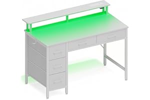 Seventable 100cm Computer Desk with LED Lights, USB Ports & Power Outlets, Monitor Stand and 5 Storage Drawers – Home Office Desk, Study Desk for Bedroom or Small Spaces, White