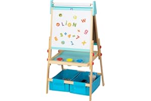 MindyToy Tableau Chevalet Enfant Double Face en Bois, Hauteur Ajustable, Ardoise à craie et Blanc Magnétique effacable, Alphabet Puzzle, Jouet Educatif Montessori, rouleau papier dessin et peinture