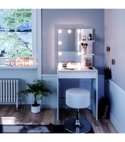 Tavolo Da Toeletta Alessia Con LED E Sgabello - Bianco, 90cm - Foto 8