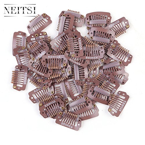 Neitsi® 50PCS Clip for Hair Extensions Wigs I SHAPE U SHAPE Metal Hair Snap Clips DIY (Brown#, I shape--2.3cm)