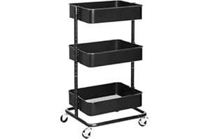 SONGMICS 3-Tier Storage Trolley, Rolling Cart, Kitchen Storage Cart with Height Adjustable Shelves, Utility Cart with 2 Brakes, Easy Assembly, for Bathroom, Kitchen, Office, Black BSC60B