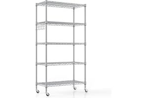Himimi Estantería Metálica de 5 Niveles con Ruedas, Estante de Alambre de Metal Resistente con Gancho, Estantes Ajustables en Altura para Baño, Cocina, Garaje,Oficina(76lx35wx158h)-Plata