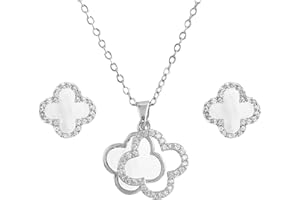 Hanaoops Four-Leaf Clover Jewellery Set for Women Girls Gold Silver Stainless Steel Black Four-Leaf Clover Pendant Necklace Stud Earrings Jewellery Set