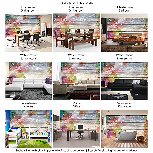Vlies Fototapete 312x219cm PREMIUM PLUS Wand Foto Tapete Wand Bild Vliestapete – Holz Tapete Holzoptik Blumen Blüten Punkte bunt – no. 2296 - 5