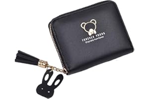 IFUDE Süße Geldbörse für Mädchen Damen Mini Portemonnaie Kinder aus Weichem PU Leder mit Reißverschluss,Cartoon-Design Anhänger,Münzfach und Kartenfächern (Schwarz)
