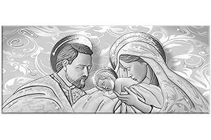 Lupia - Quadro Moderno Sacra Famiglia, su tela poliestere con brillantini Glitter, Natività BRILLANT 52x122 cm THE KISS SHABBY GREY, Adatto per Soggiorno e capezzale Camera da Letto, Grigio
