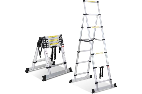 Fiqops 1,7 + 2 m fällbar stege teleskopstege, A-ram 5 + 6 ribbor aluminiumledare, halkfri aluminiumledare med stabiliseringsbar, multifunktionsstege maximal lastkapacitet 150 kg