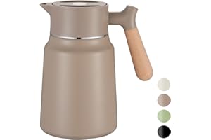 VETIN 1,5L Thermoskanne, Teekanne Thermo 304 Edelstahl Doppelwandige Vakuumisolierung, Isolierkanne mit Holzoptik Griff, Kaffeekanne Thermo 10h Hitze / 16h Kälte (Khaki)
