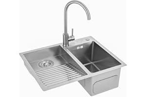 ATHOMASM Fregadero De Acero Inoxidable Con Tabla De Lavar: Lavabo Para Uso General Hecho A Mano Para Lavadero, Taller Y Garaje: Acabado Cepillado Duradero, Lavabo Profundo Con Drenaje Eficiente(Left-b,60cm)