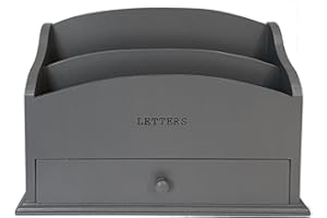 GreyZouq Wooden Letter Rack. Home office, study, hallway study. Two compartments for letters and handy drawer for stationary storage. Vintage/contemporary LETTERS typed text (dark grey)