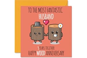 STUFF4 Cute Wooden Anniversary Card for Husband - 5 Years Together - Happy 5th Wedding Anniversary Cards for Husband from Wife, 145mm x 145mm Greeting Cards for Fifth Anniversaries