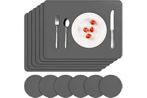 APLKER Tischset Leder 6er Set - Kunstleder Platzset Abwaschbar, Hitzebeständig Doppelseitigen Wasserdicht Platzdeckchen Lederoptik mit Tischuntersetzer rutschfest, 16 x 12 Zoll, Dunkelgrau
