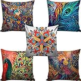 b7 CREATIONS Peacock Digital Printed Jute Cushion Cover (16x16 inch) -Set of 5
