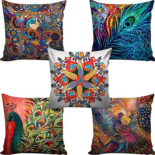 b7 CREATIONS Peacock Digital Printed Jute Cushion Cover (16x16 inch) -Set of 5