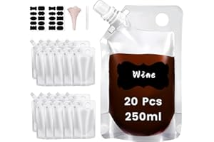 BSDYCL 20 bolsas de bebidas recargables de 250 ml para festivales con agujero de transporte, bolsas de plástico transparente para bebidas con embudo, etiquetas y bolígrafo, esenciales para acampar y
