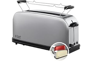 Russell Hobbs Grille Pain [Fente longue 2 Toasts/ 1 Tranche baguette] Adventure Acier Inox (Fente large, 6 Niveaux de Brunissage rapide réglables, Surélévation, Décongèle & Réchauffe) 21396-56