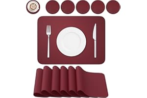BANNIO Placemats And Coaster Sets 6, Non-Slip Washable Waterproof Table Mats Heat Insulation PVC Leather Place Mats Home Kitchen Restaurant And Hotel, 42x30cm, Wine red