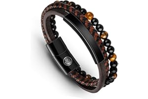 Casisto.J Bransoletka skórzana męska męska skórzana bransoletka ze stali nierdzewnej z grawerunkiem czarno-brązowym, pleciona z zapięciem na magnes