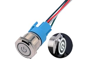 JIQI 22mm Selbstsperrend Metall Druckschalter 12V bis 24V 5A Latching EIN/AUS Schalter mit weißem LED Symbol IP66 1NO1NC Rastende wasserdichte vorverdrahte Drucktastenschalter für Boot LKW RV Auto