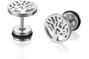 JewelryWe Schmuck Baum des Lebens Ohrstecker, Edelstahl Lebensbaum Runde Kreis Ohrringe für Herren Damen Tunnel Plug Ohrpiercing Barbell Stud Silber/Gold/Schwarz
