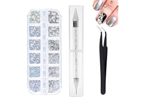 NIMISYRA 1440 Pièces 6 Tailles Strass Nail Art,Gems à Dos Plat Rond Cristal Strass avec Pincette Pick Up et Stylo Pointeur Strass pour Nail Art et la Décoration de Bijoux
