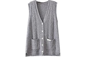 ALLOAONE Jersey Sin Mangas para Mujer, Talla Grande, Chaleco De Punto Trenzado, Cárdigan con Bolsillo Y Cuello En V