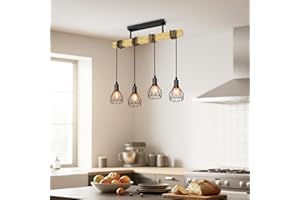 LVWIT Suspension Luminaire Industrielle, E14 Luminaire Salle a Manger 52CM, Noir Lustre Bois avec 4 Têtes, Moyenne Lustre avec Abat-jour en Forme de Filet Pour Salon(Sans ampoule)