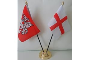 UKFLAGSHOP England English Pendragon Anglo Saxon St George Cross 2 Flag Friendship Table Display Centrepiece With Gold Base