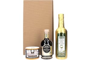 ‎BORCHERS Schlemmerbox, Geschenkbox, Geschenkset, Olivenöl aus Ligurien in Goldfolie 0,5 L, Fleur de Sel Meersalz aus Trapani 150g, Sole e Sapore Aceto Balsamico di Modena I.G.P. DORO Gold 250ml