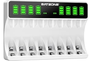 BATZONE AA/AAA Ladegerät, Akku Ladegerät mit Großer LCD Anzeige, für AA/AAA NI-Mh/NI-CD Akkus, 8-Ladeplatz Universal Schnell Batterie Ladegerät für Mignon AA und Micro AAA