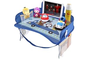 Erlsig Kinder-Reisetablett für Autositz, Aktivitäts- und Spieltablett, Organizer für Kinder und Kleinkinder, Schoßschreibtisch mit Tablet-Handyhalterung, wasserdicht und faltbar (Blau)
