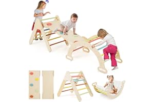 COSTWAY 7 en 1 Triángulo de Escalada de Madera para Niños, Juego de Escalada con Triángulo, Arco, Rampa para Deslizarse o Escalar, Set de Escalada Montessori para Niños 1+ Año